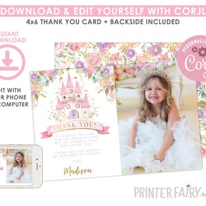 Princess Thank You Card with Photo, EDITABLE, Royal Birthday Party, Princess Thank You Note, EDIT YOURSELF Digital, Instant Download image 4