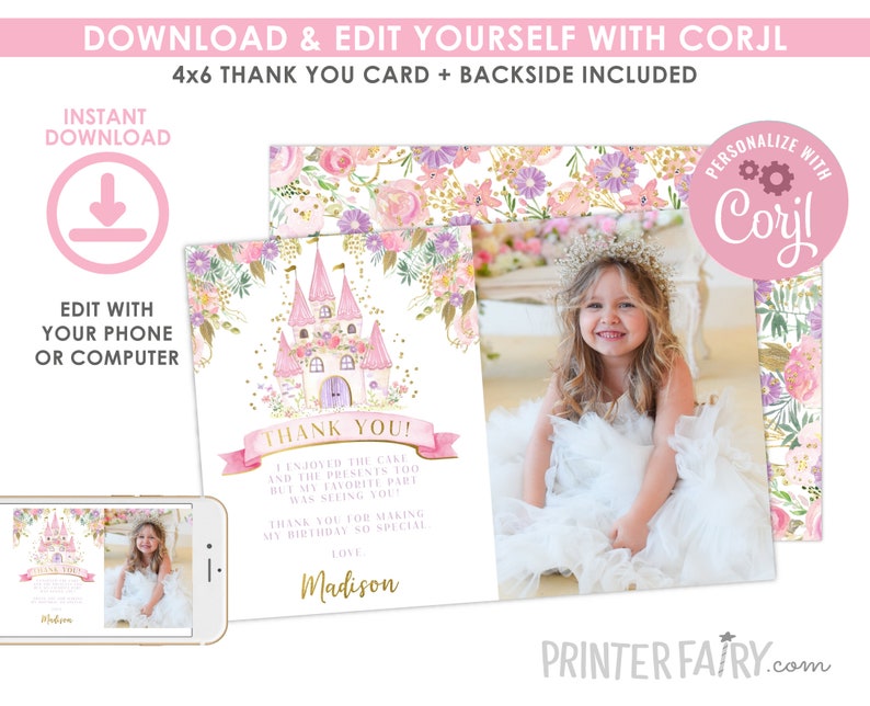 Princess Thank You Card with Photo, EDITABLE, Royal Birthday Party, Princess Thank You Note, EDIT YOURSELF Digital, Instant Download image 4