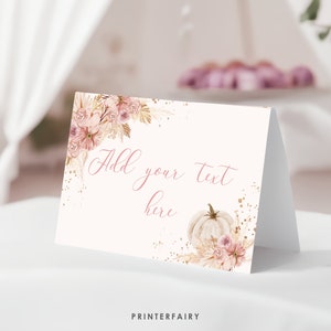 Pampas Grass Thanksgiving Food Tents : Modèle de cartes de place modifiables pour les étiquettes de buffet de dîner et de fête, cartes pliables, téléchargement instantané Corjl