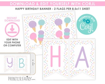 Ice Cream Banner, EDITABLE, Ice Cream Printable Banner, EDIT YOURSELF, Ice Cream Birthday Decorations, Ice Cream Party, Instant Download