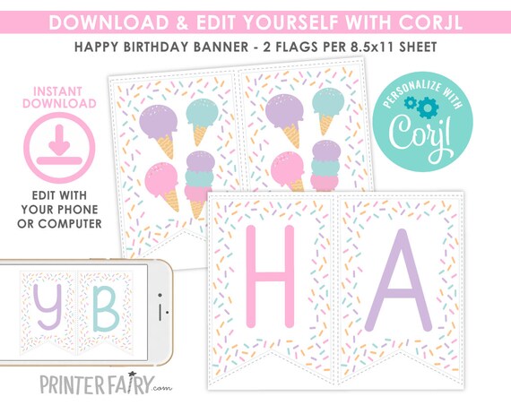 Ice Cream Banner, EDITABLE, Ice Cream Printable Banner, EDIT YOURSELF, Ice Cream Birthday Decorations, Ice Cream Party, Instant Download Il_570xn