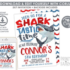 Shark Birthday Invitation, EDITABLE, Shark Invitation, Pool Party, Shark Invite, Sharktastic Invitation, INSTANT DOWNLOAD image 2