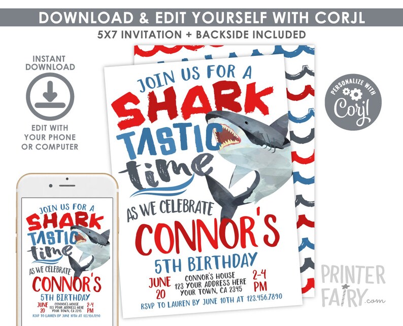 Shark Birthday Invitation, EDITABLE, Shark Invitation, Pool Party, Shark Invite, Sharktastic Invitation, INSTANT DOWNLOAD image 2