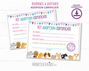 Pet Adoption Certificate, Puppy and Kitty Adoption Birthday Party, Puppy Birthday, Printable Certificate, Instant Download