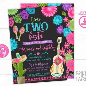 Fiesta Second Birthday Party Invitation, Editable Mexican Fiesta Invitation, Fiesta Decorations, Cinco de Mayo Birthday Time Two Siesta