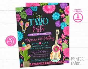 Fiesta Second Birthday Party Invitation, Editable Mexican Fiesta Invitation, Fiesta Decorations, Cinco de Mayo Birthday Time Two Siesta