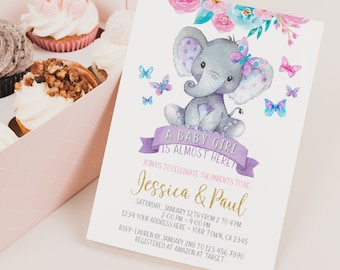 EDITABLE Elephant Baby Shower Invitation, Girl Baby Shower, Jungle Safari Baby Shower Invitation, Floral, EDIT YOURSELF Digital Invite