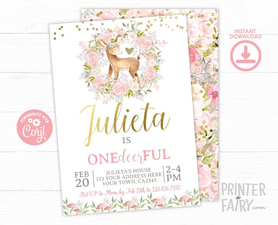 Deer 1st Birthday Invitation, EDITABLE, OneDEERful Invitation, Forest Birthday, Woodland First Birthday, Floral Invite, INSTANT DOWNLOAD Il_570xn