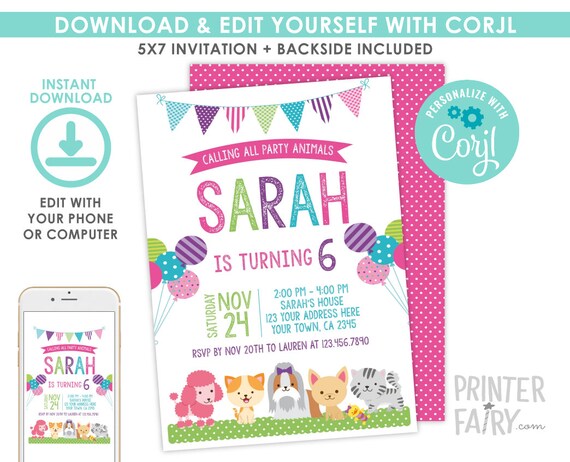 Puppies and Kitties Birthday Invitation, Pet adoption Party, Dogs Birthday Invitation, Cat Invitation, Kitty Cat Invite, INSTANT DOWNLOAD Il_570xn