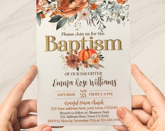 Floral Pumpkin Baptism & Christening Invite: Fall Baptism Party, Little Pumpkin Baptism Invitation, Instant Download, Editable with Corjl