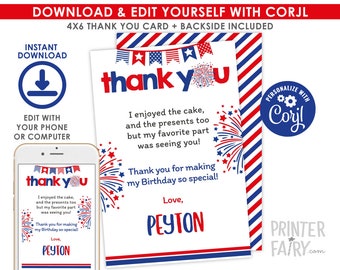 4th of July Thank You Cards, Editable, Indepence Day Thank You Notes, 4th of July Party, Firecracker Party, EDIT YOURSELF Digital Invite