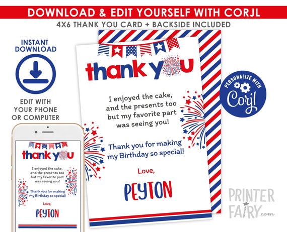4th of July Thank You Cards, Editable, Indepence Day Thank You Notes, 4th of July Party, Firecracker Party, EDIT YOURSELF Digital Invite Il_570xn