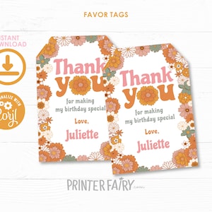 Hippie Thank You Tags, Groovy One Birthday, Two Groovy Birthday, Hippie Floral Favor Tags, Hippie Birthday Decorations, INSTANT DOWNLOAD