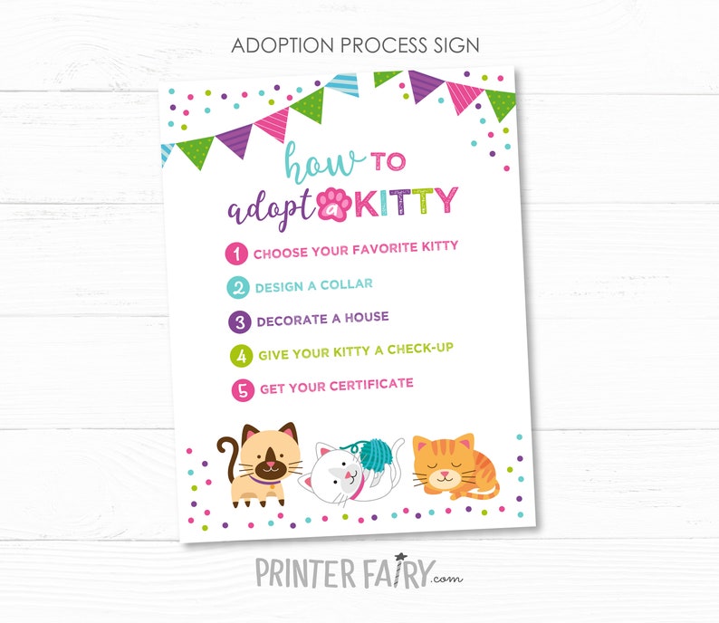 May include: A colorful sign with the text "how to adopt a kitty" and a list of five steps: choose your favorite kitty, design a collar, decorate a house, give your kitty a check-up, and get your certificate. The sign is decorated with colorful confetti and a banner of flags.