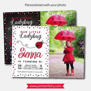 Ladybug Invitation with photo, Ladybug Birthday Party, Personalized Invitation, Polkadot Girls Invite, 2 options