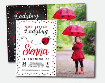 Ladybug Invitation with photo, Ladybug Birthday Party, Personalized Invitation, Polkadot Girls Invite, 2 options