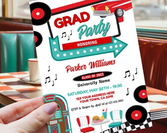 Diner Graduation Party Invitation, Editable, 1950's Party Invite, American Diner Retro Birthday Party Theme, Midcentury, Sock Hop Fifties