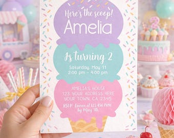 Invito per festa di compleanno a tema gelato: modello modificabile per qualsiasi età, download immediato.