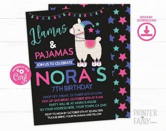 Llamas and Pajamas Birthday Invitation, Slumber Party, Sleepover Invitation, Personalized DIGITAL Invitation, 2 Options