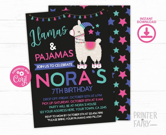 Llamas and Pajamas Birthday Invitation, Slumber Party, Sleepover ...