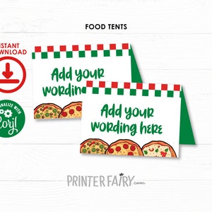 Pizza Food Tents, Editable Labels, Pizza Birthday Party, Pizza Place Cards, Italian Birthday Party, Chef Birthday Party, Instant Download