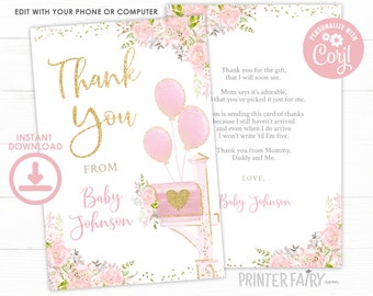 Baby Shower by Mail Thank You Cards, EDITABLE,  Floral Baby Shower, Virtual Baby Shower, Mail Baby Shower Invite, Instant Download