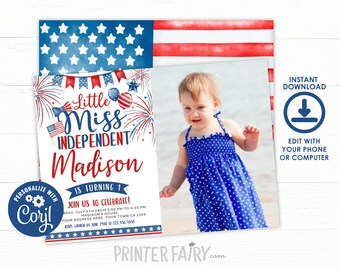 4th of July Birthday Invitation, Little Firecracker Invitation, Miss Indepent Birthday Invitation, Fourth of July Invite, Instant Download