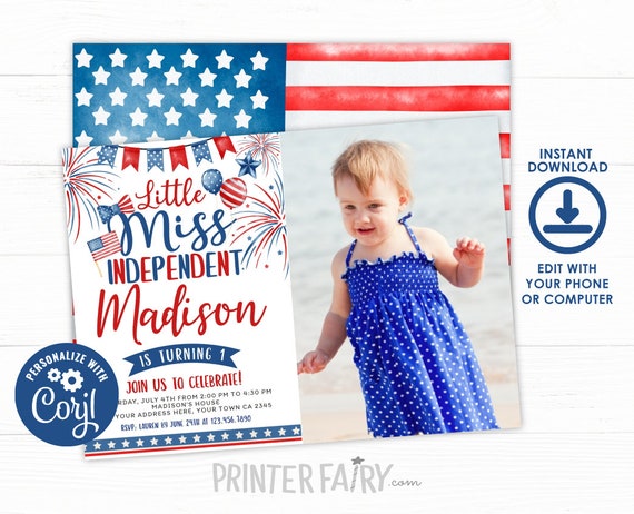 4th of July Birthday Invitation, Little Firecracker Invitation, Miss Indepent Birthday Invitation, Fourth of July Invite, Instant Download Il_570xn