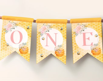 Editable Bee "ONE" Birthday Banner, Honeycomb Design, Sweet as Can Bee Garland for 1st Bee Day, Instant Download in Corjl.