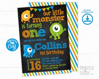 Little Monster Invitation, Monster 1st Birthday Party, Any age, Little Monster Party, EDIT YOURSELF Digital Invite, Instant Download