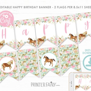 Horse Happy Birthday Banner, EDITABLE, Girl Birthday, Floral Party