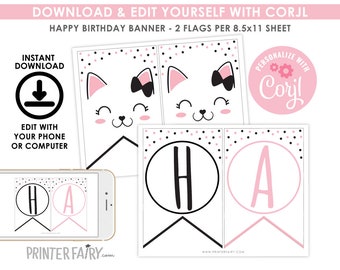 Kitty Cat Birthday Banner, EDITABLE, Cat Printable Banner, EDIT YOURSELF, Kitty Birthday Decorations, Cat Party, Instant Download