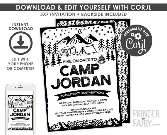 Camping Invitation, EDITABLE, Summer Camp Party, Sleepover Invitation, Backyard Birthday Party, Black & White, INSTANT DOWNLOAD Il_570xn