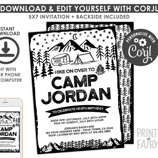 Camping Invitation, EDITABLE, Summer Camp Party, Sleepover Invitation, Backyard Birthday Party, Black & White, INSTANT DOWNLOAD