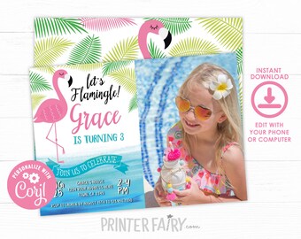 Flamingo Birthday Invitation with photo, EDITABLE, Tropical Birthday Invitation, Summer Party, Pool Party Invite, INSTANT DOWNLOAD