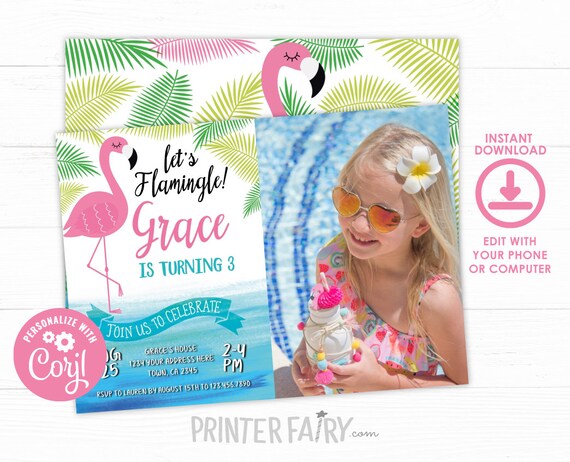 Flamingo Birthday Invitation with photo, EDITABLE, Tropical Birthday Invitation, Summer Party, Pool Party Invite, INSTANT DOWNLOAD Il_570xn