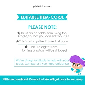 May include: A white background with teal text and graphics. The text reads "EDITABLE ITEM-CORJL" and "PLEASE NOTE:" followed by details about the digital item. A cartoon fairy is in the bottom right corner.