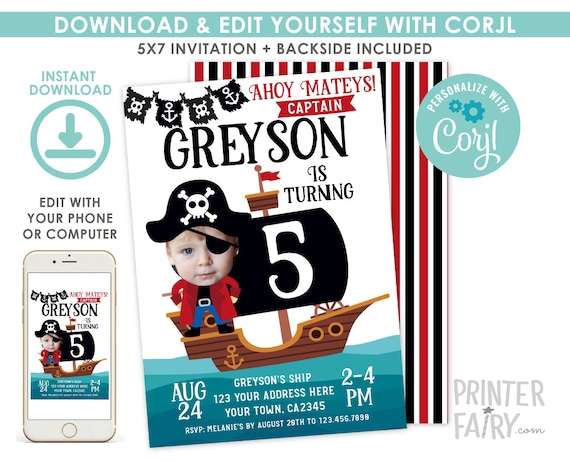 Pirate Invitation with Photo, EDITABLE, Pirate Birthday Party, Pool Party Invitation, Nautical Invitation, Pirate Party, INSTANT DOWNLOAD Il_570xn