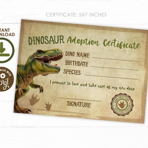 Dinosaur Adoption Certificate, EDITABLE, Dinosaur Birthday Party, Adopt a Dinosaur, T-rex Birthday, Dinosaur Party, INSTANT DOWNLOAD image 2