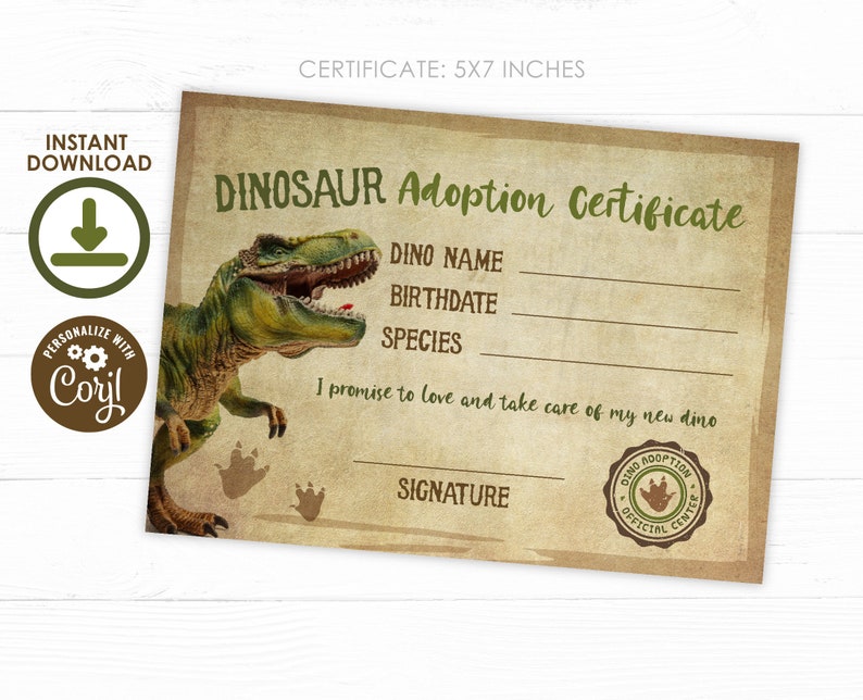 Dinosaur Adoption Certificate, EDITABLE, Dinosaur Birthday Party, Adopt a Dinosaur, T-rex Birthday, Dinosaur Party, INSTANT DOWNLOAD image 2