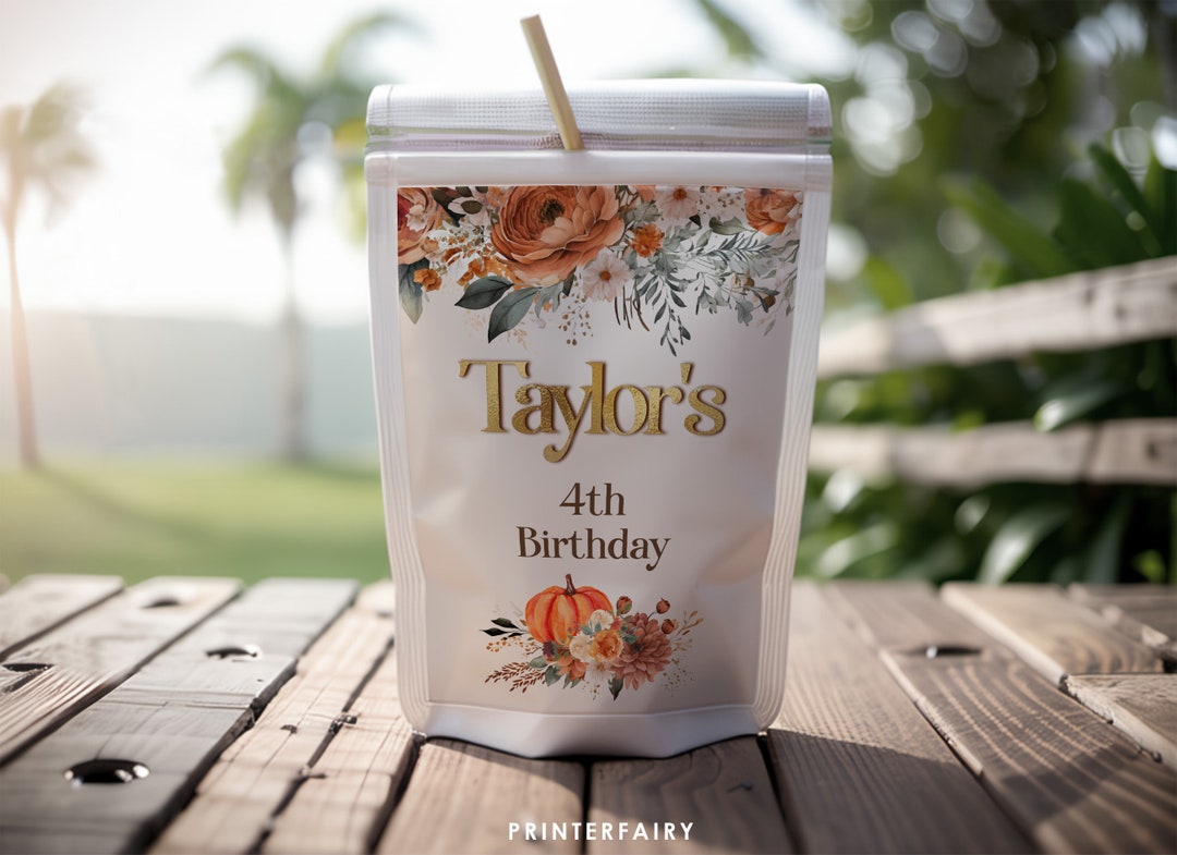 Pumpkin Drink Pouch Label, Editable Fall Birthday Party Caprisun Label