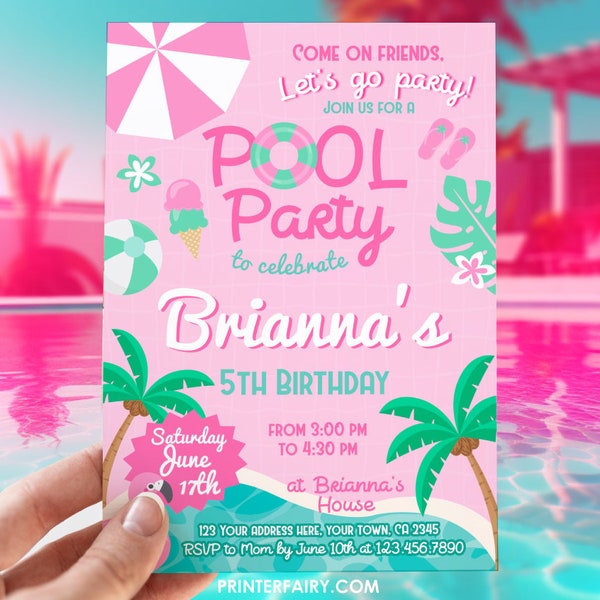 Pool Party Invitation, Malibu Invitation, Beach Birthday, Editable, Girl Birthday Party Invitation, Pink Birthday Party, INSTANT DOWNLOAD