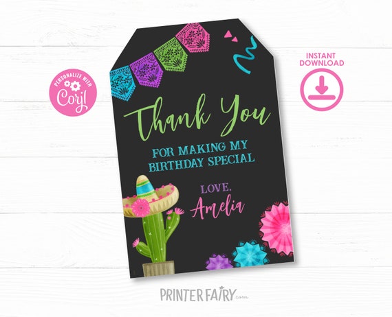 Fiesta Birthday Party Favor Tags, Editable Mexican Fiesta Thank you ...