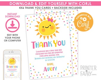 Little Sunshine Thank You Cards, EDITABLE, Little Sunshine Birthday Party, Sun Thank You notes, DIGITAL, Instant Download