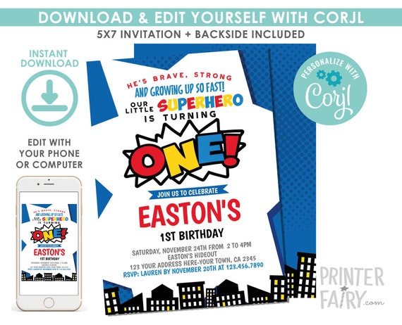 EDITABLE Superhero 1st Birthday Invitation, Comic Birthday Party, Little Superhero, EDIT YOURSELF Digital Invite Il_570xn