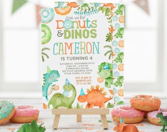 Donuts and Dinosaurs Birthday Party Invitation Editable Template, INSTANT DOWNLOAD
