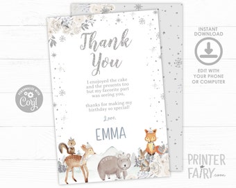 Winter Wonderland Thank You Cards, EDITABLE, Winter Birthday Party, Snowflake Invitation, Deer Birthday Party, INSTANT DOWNLOAD