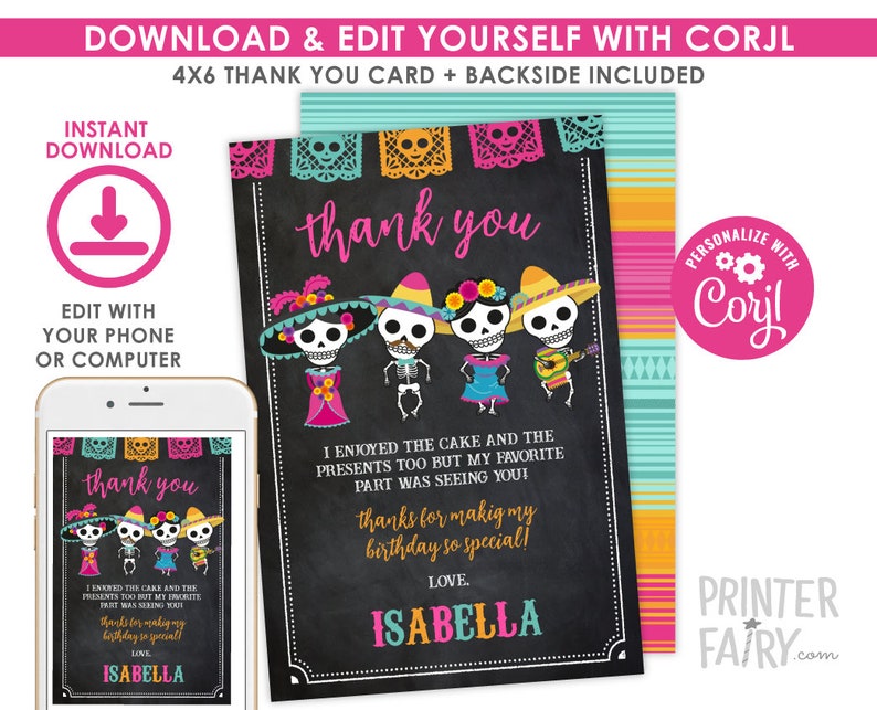 Day of the Dead Thank You Cards, Editable Cards, Dia de los Muertos Thank You Cards, INSTANT DOWNLOAD image 2
