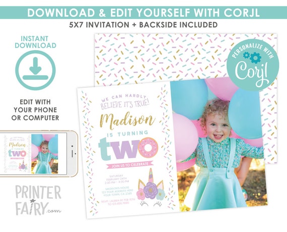 Unicorn and Donut Invitation with Photo, EDITABLE Invitation, 2nd Birthday Invitation, Unicorn Invitation, EDIT YOURSELF with Corjl Il_570xn