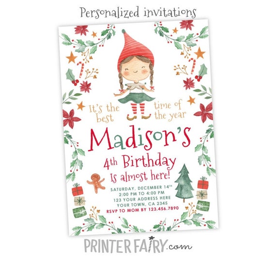 Christmas birthday party Invitation, Elf Birthday Invitation, Personalized DIGITAL Printable Christmas Invite Il_570xn